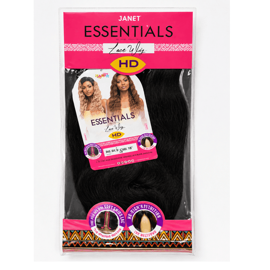 Packaged hair extensions with 'Janet Essentials' branding on a white background