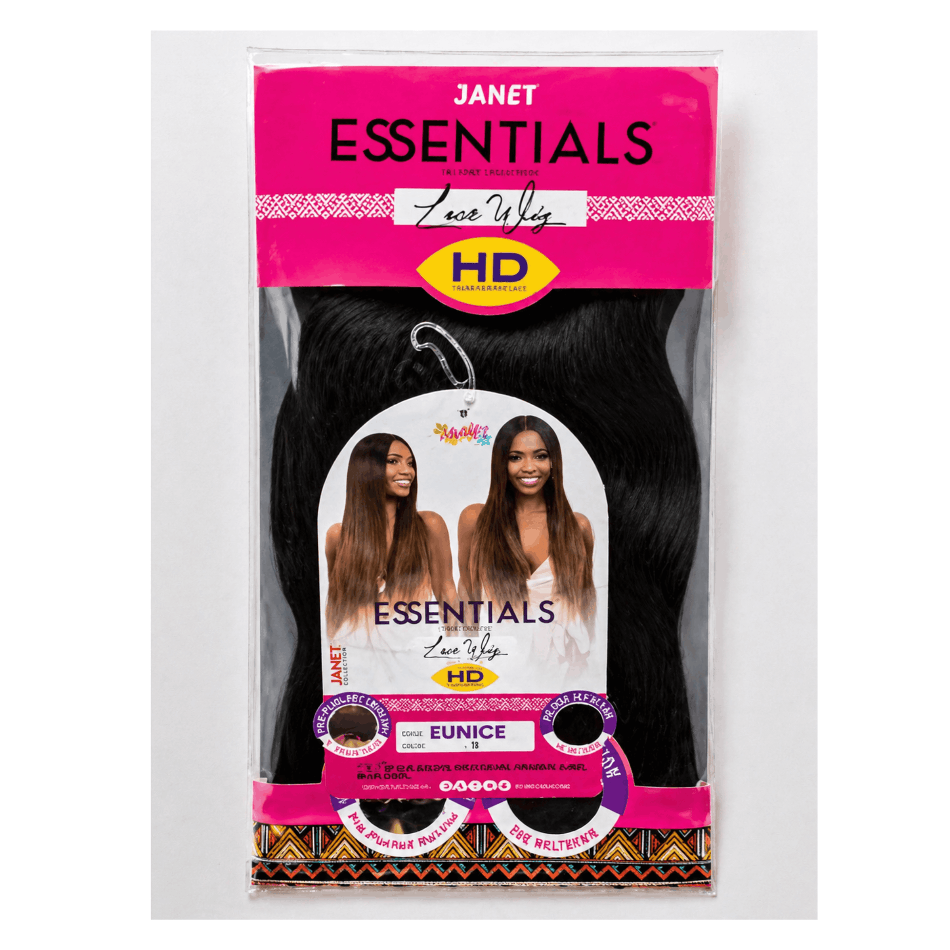 Packaged hair extensions with Janet Essentials branding on a white background