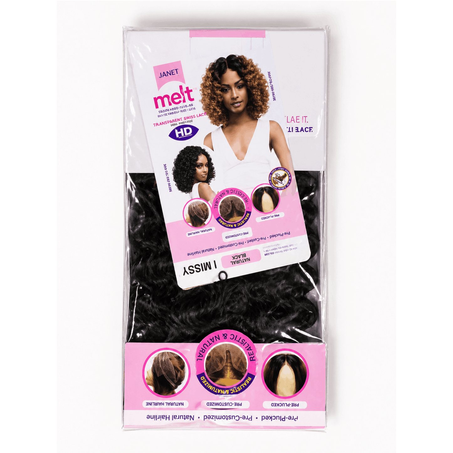 Hair product packaging with a woman's face on the label against a white background