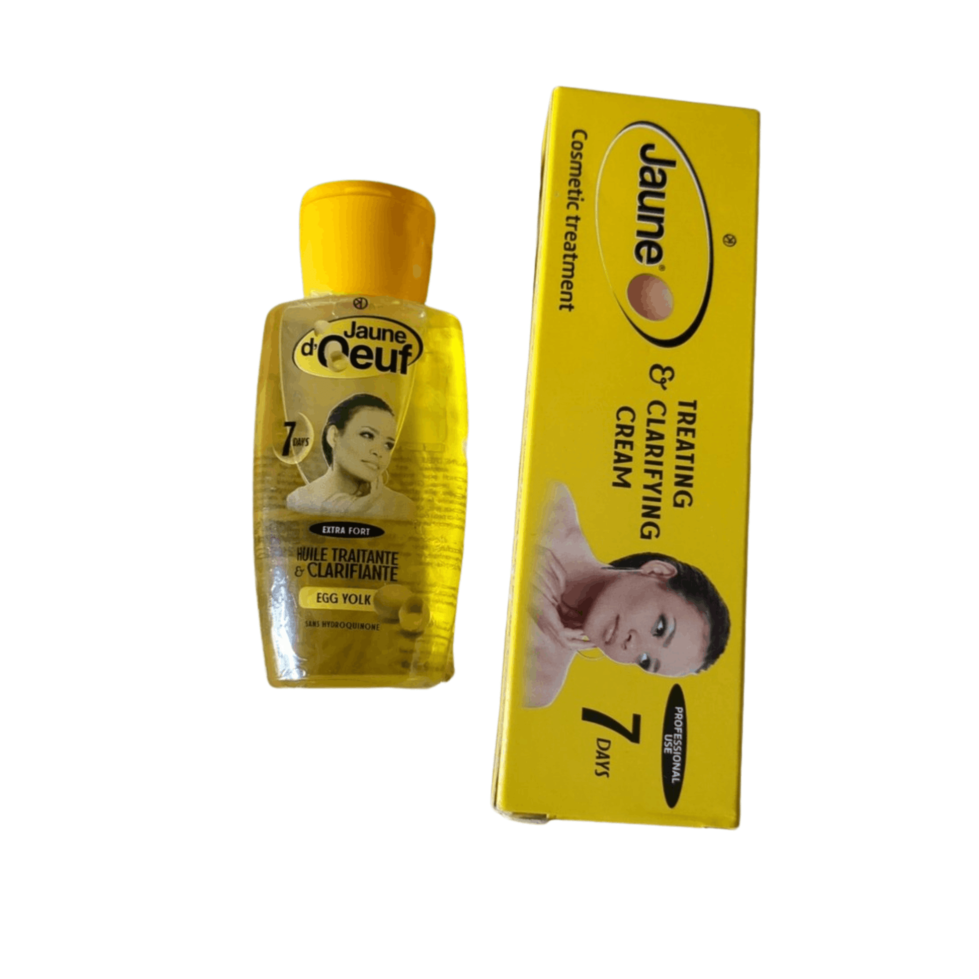 A bottle and box of Jaune Peuet Treating & Clarifying Cream, showing the yellow product bottle and its yellow packaging box on a white background.