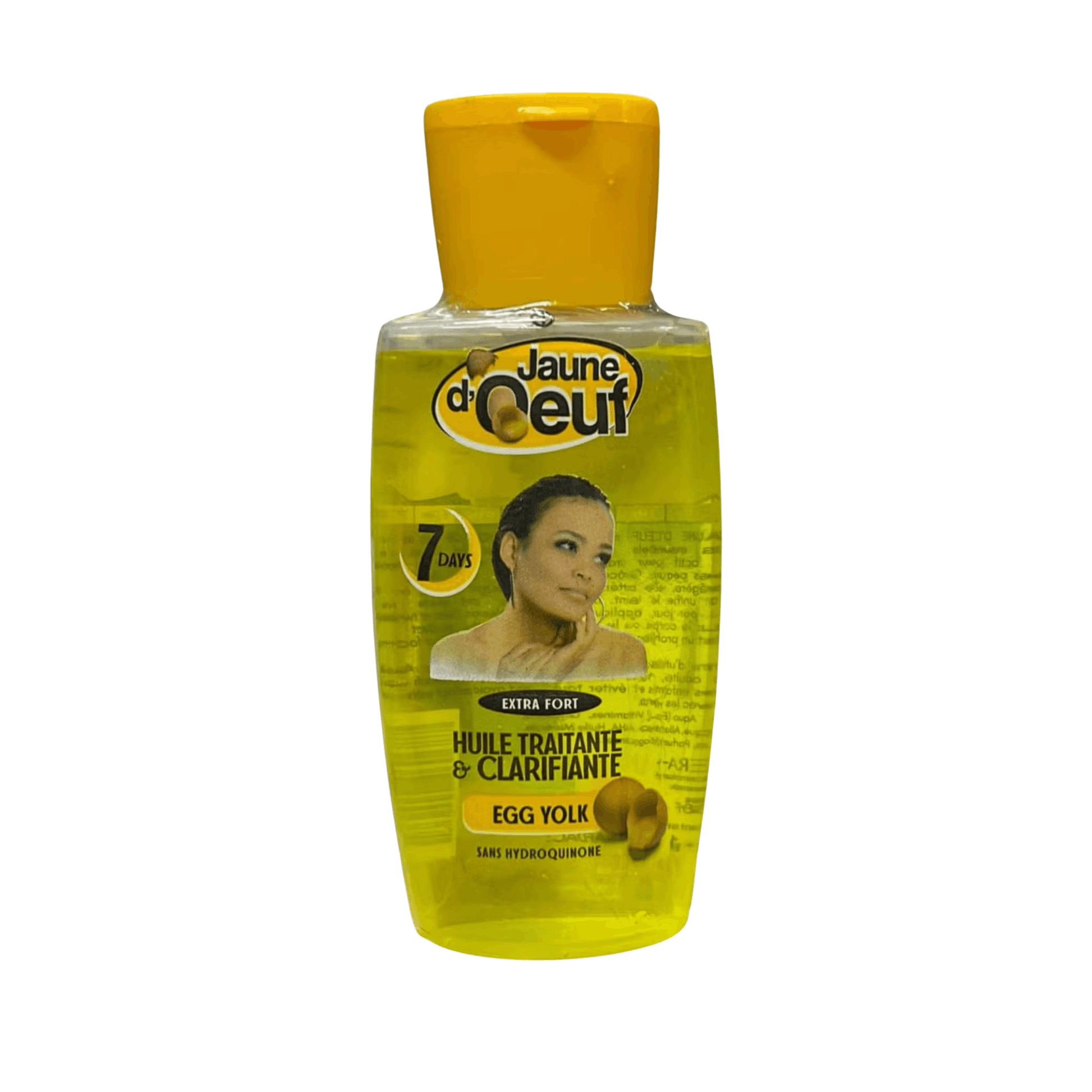 A bottle of Jaune d'Oeuf Egg Yolk treating and clarifying hair oil, featuring a bright yellow cap and a yellow liquid inside, on a plain white background.