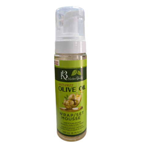 Bottle of KBK Olive Oil Wrap/Set Mousse on a white background