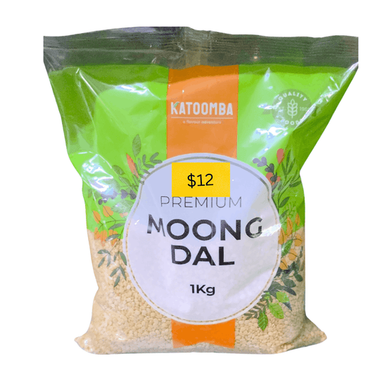 Katoomba Premium Moong Dal packaging with green and orange design on a white background