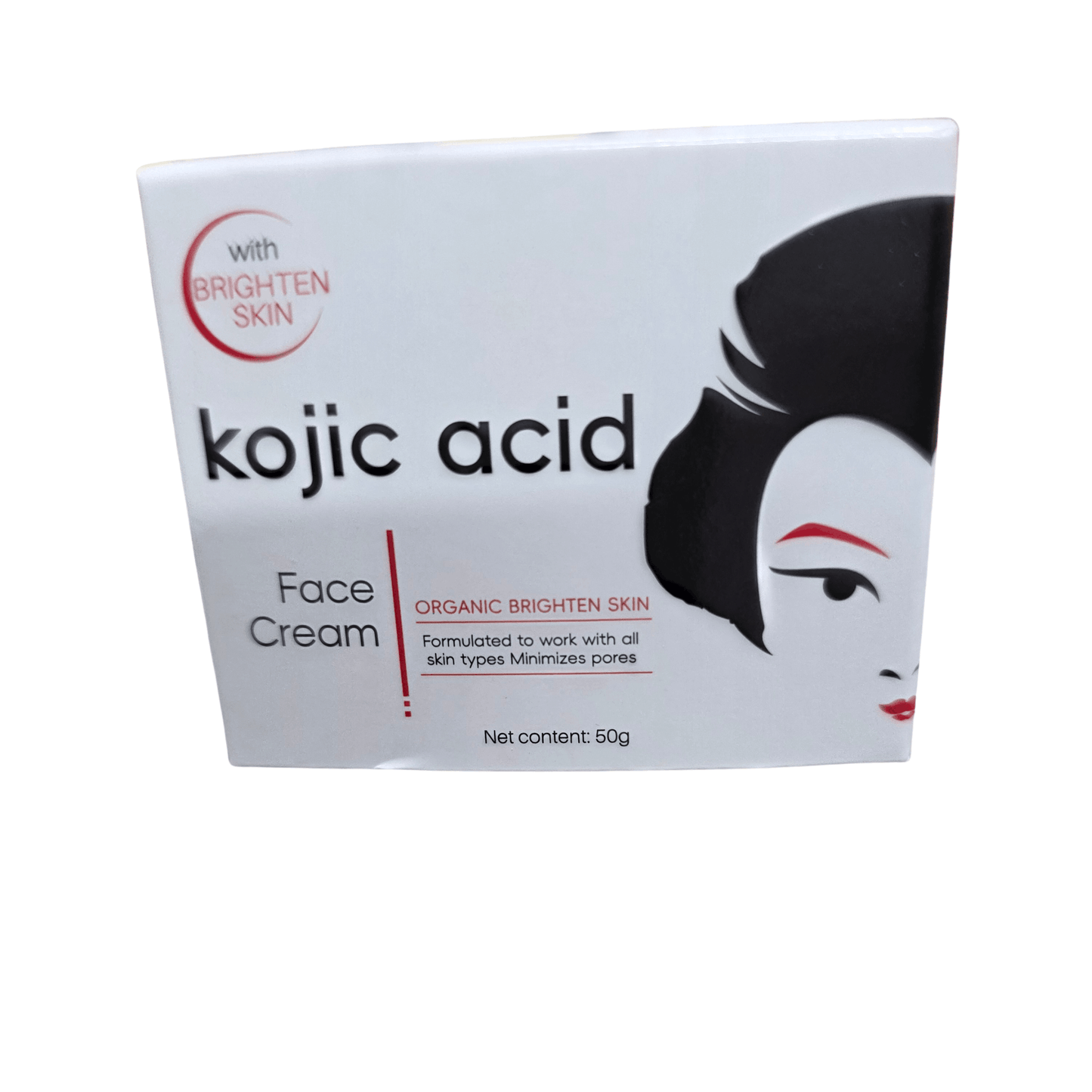 Kojic acid face cream packaging with a woman's face illustration on a white background