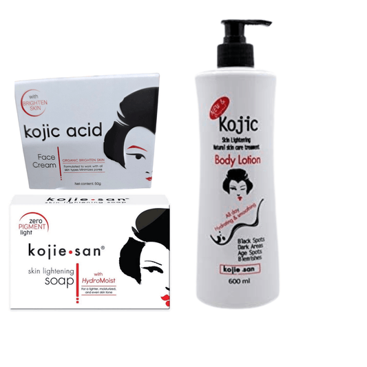 Kojie San skincare products including body lotion, face cream, and soap on a white background