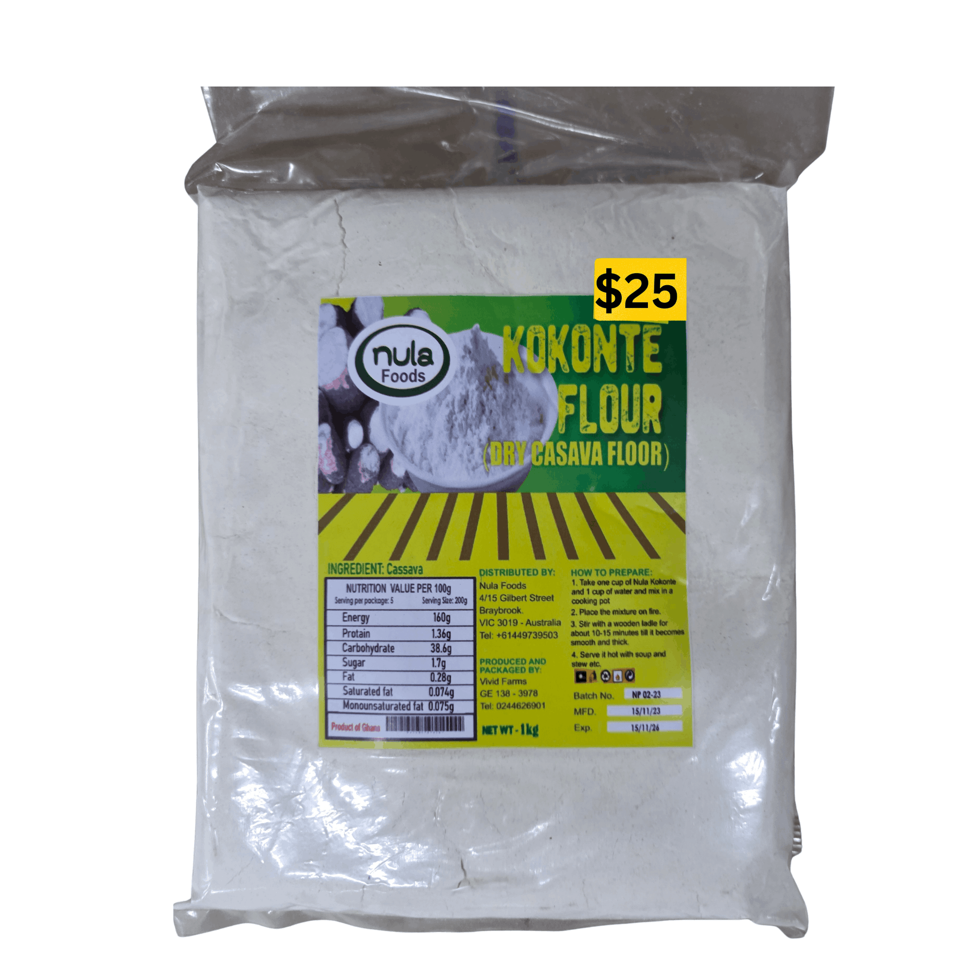 Bag of kokonte flour with a visible label on a white background