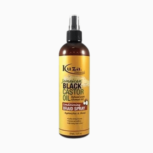 Bottle of Kuza Jamaican Black Castor Oil Conditioning Braid Spray on a white background
