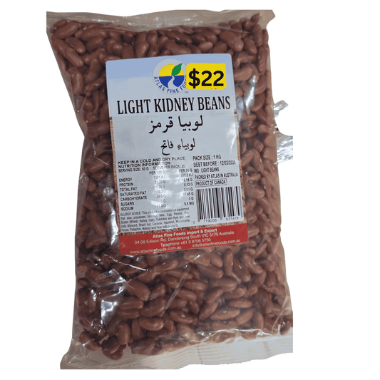 A 1 kg clear plastic bag of Light Kidney Beans with a white, blue, and red label showing the price of $22. The beans inside are visible through the transparent packaging.