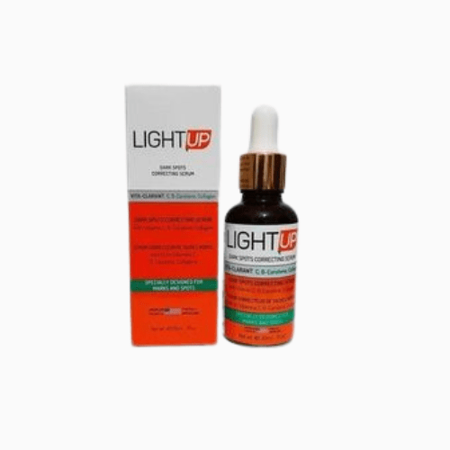 LightUp dark spot correcting serum bottle and packaging on a white background