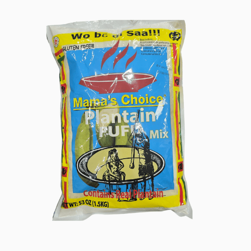 Packaged product labeled 'Mama's Choice Plantain Fufu Mix' on a white background
