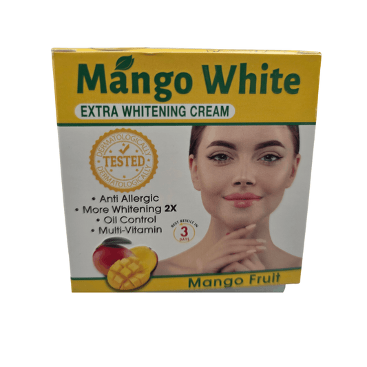 Mango White Extra Whitening Cream packaging with a woman's face and mango fruit on a white background