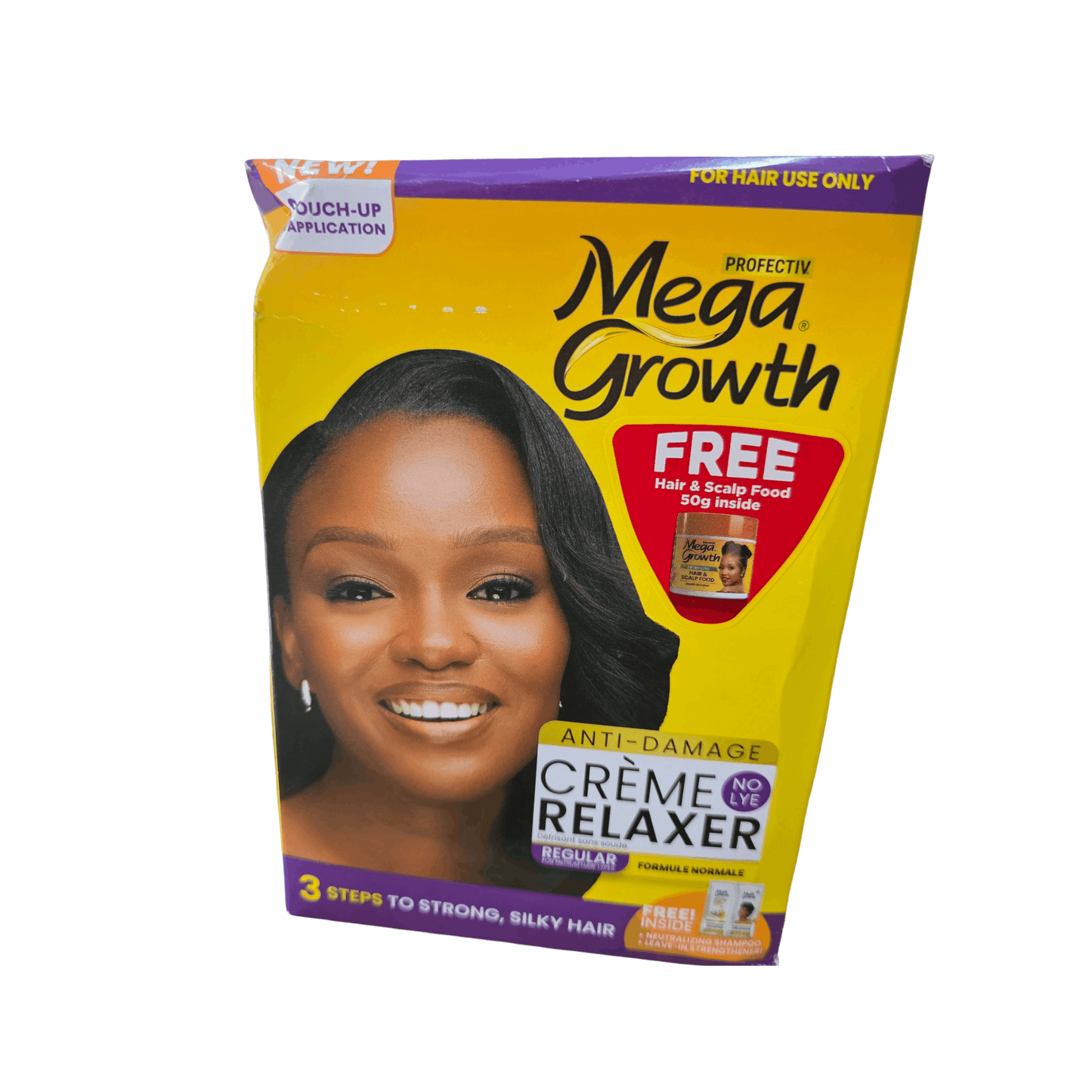 A package of Projefect Mega Growth Anti-Damage Crème Relaxer Regular on a plain white background. The packaging is bright yellow with purple and red accents, featuring a smiling woman with long black hair on the front.