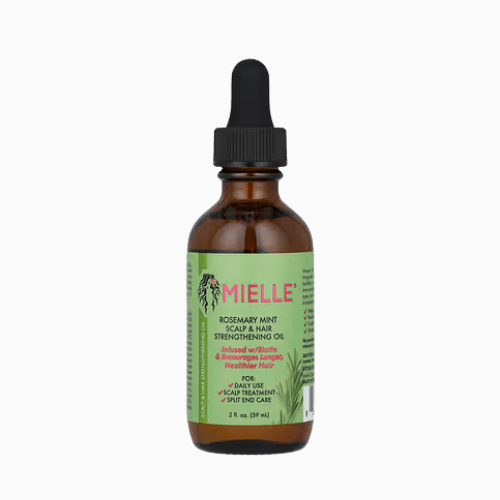 Mielie bottle of rosemary mint scalp and hair strengthening oil on a white background