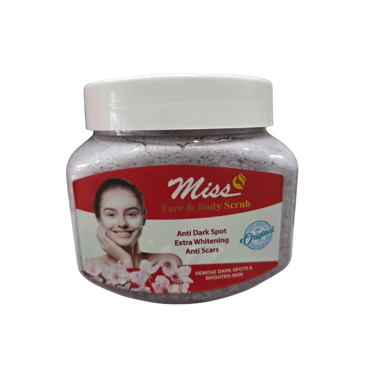 Jar of Miss Face & Body Scrub on a white background