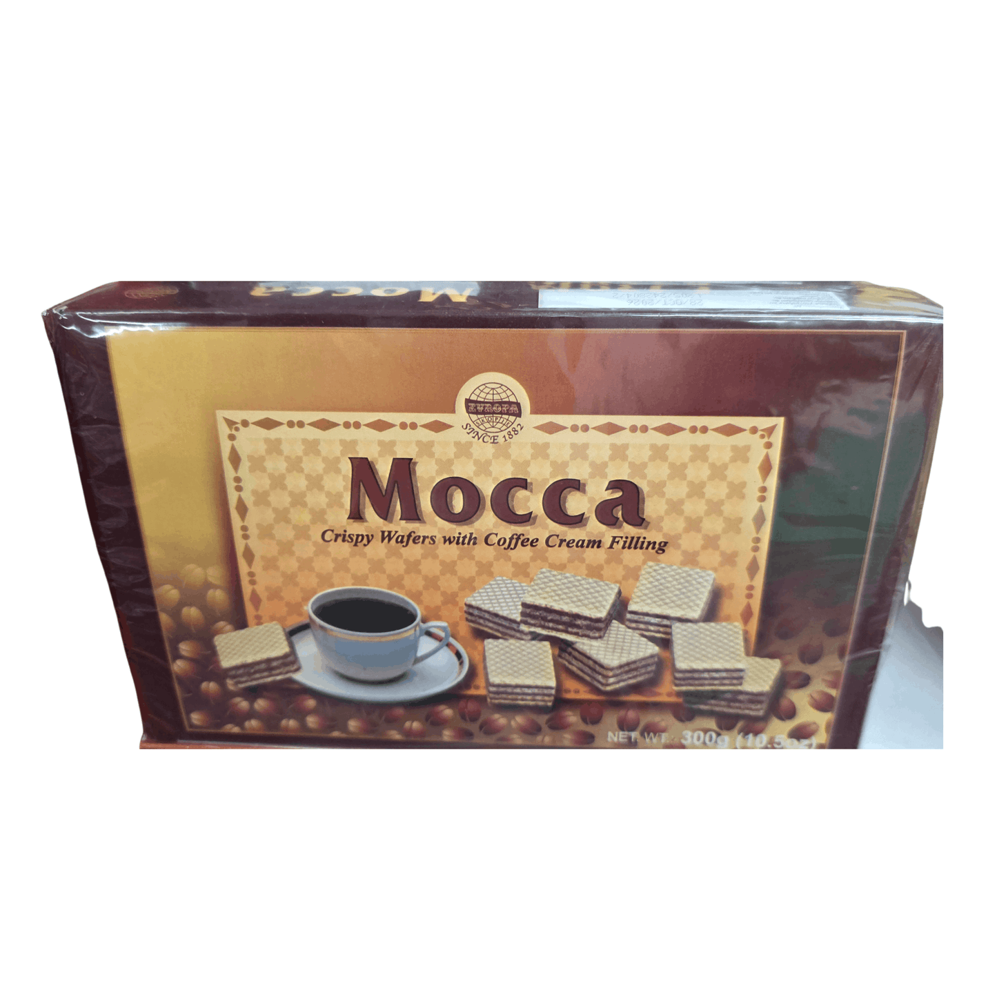 Box of Mocca crispy wafers with coffee cream filling on a white background