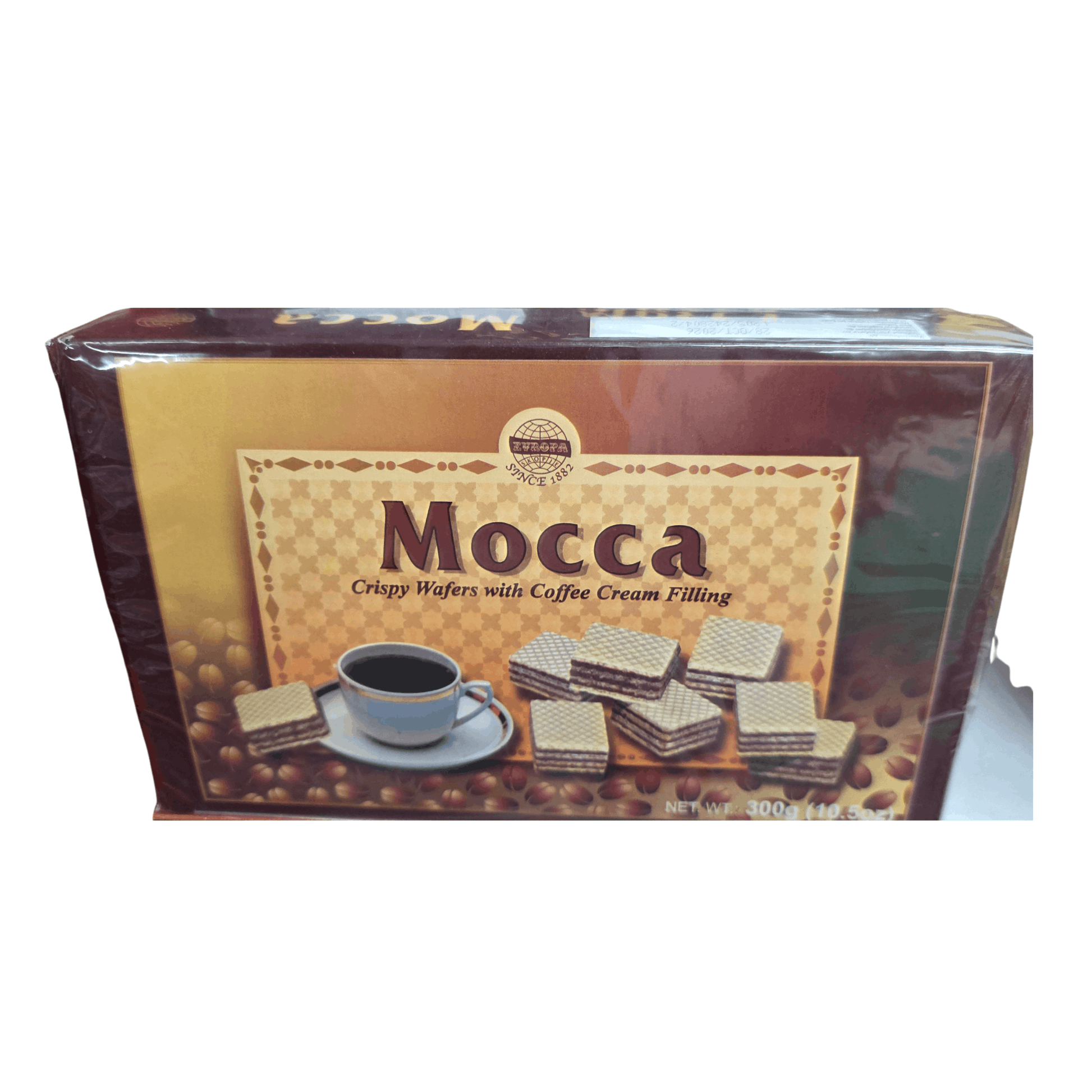 Box of Mocca crispy wafers with coffee cream filling on a white background