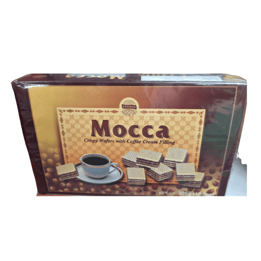 Box of Mocca crispy wafers with coffee cream filling on a white background