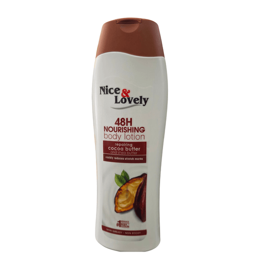 A bottle of Nice & Lovely 48H Nourishing Body Lotion in Sweet Mango Avocado flavor. The bottle is white with a brown cap and features a graphic of a sliced mango on the front label.