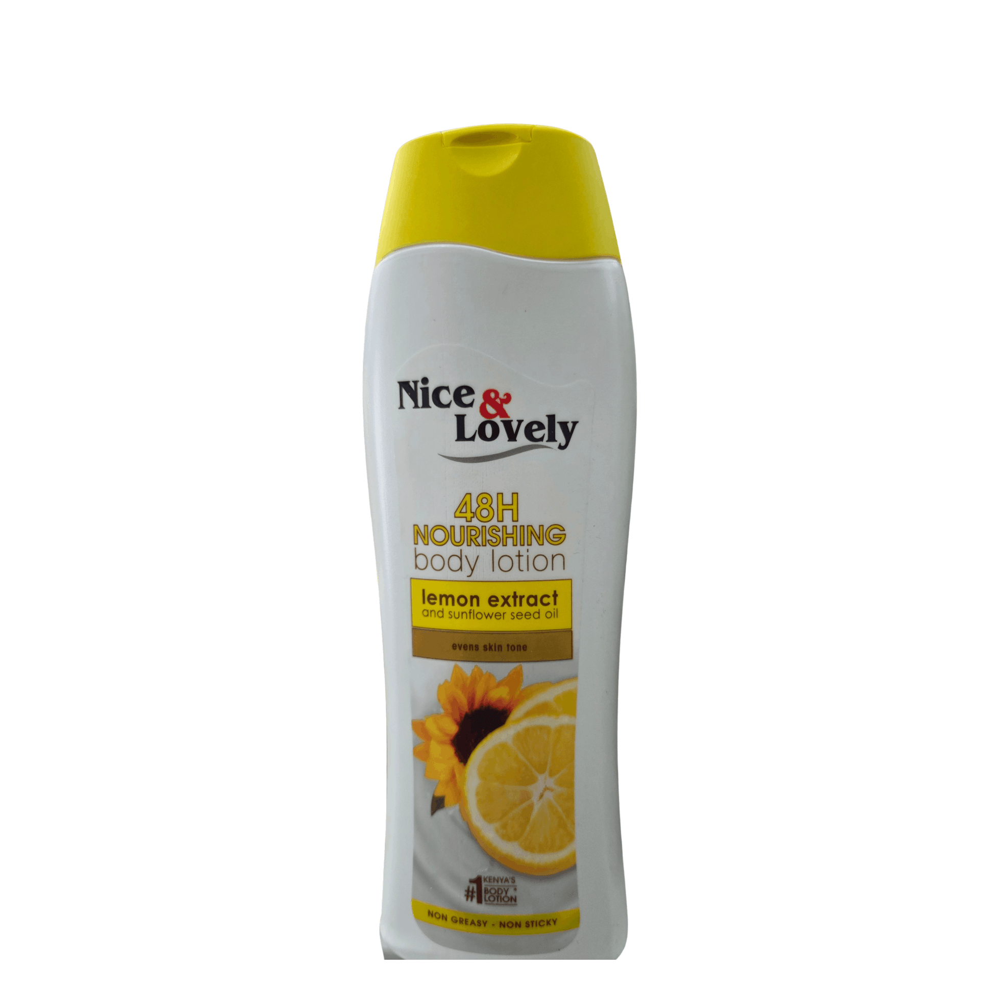 A bottle of Nice & Lovely 48H Nourishing Body Lotion in lemon extract scent, featuring a white bottle with a bright yellow cap and a lemon graphic on the label.
