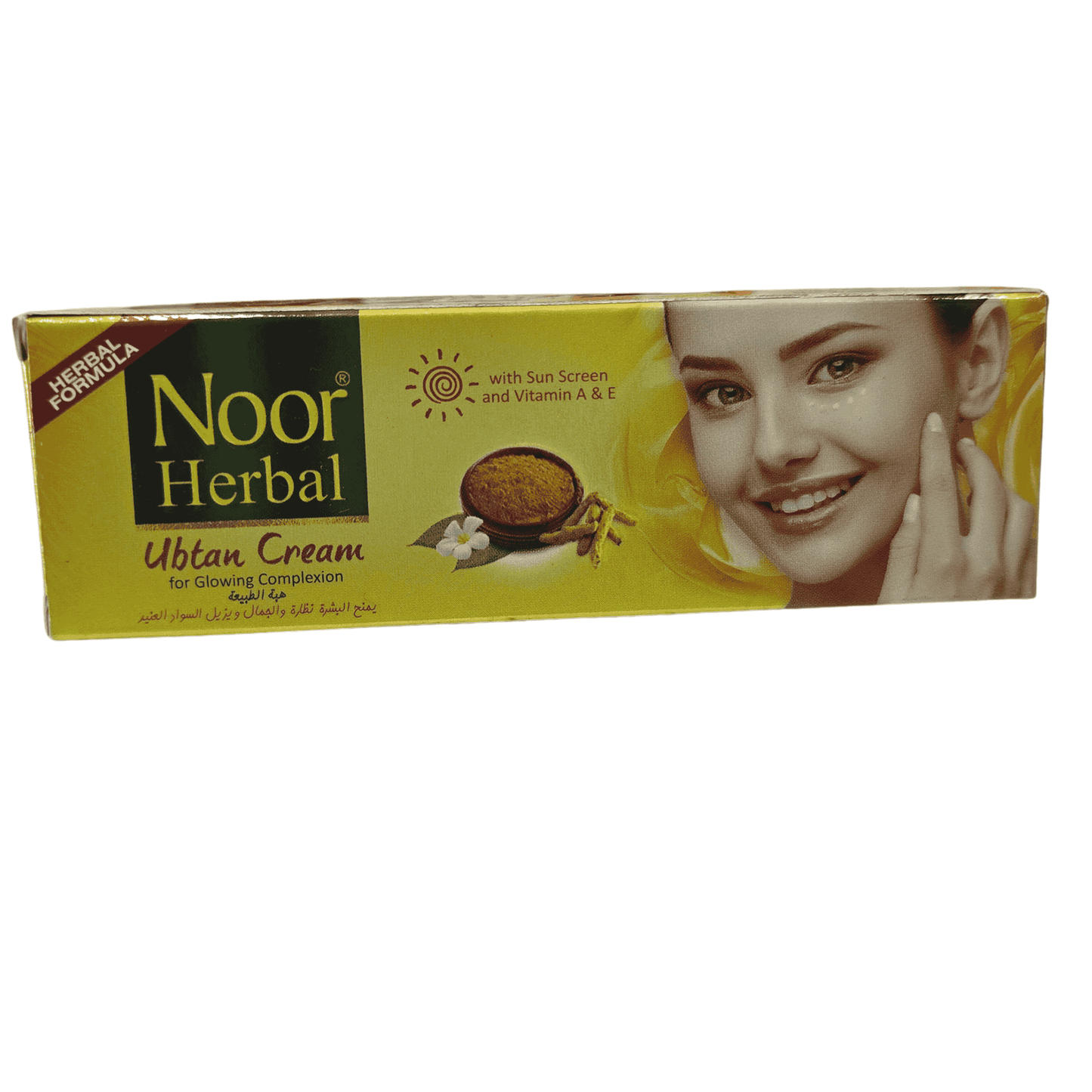 Noor Herbal Ubtan Cream for glowing complexion in a yellow box with a model's face on the right side.