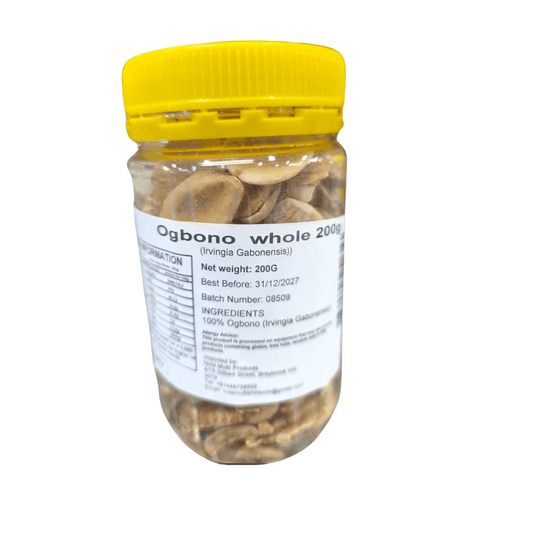 Jar of Ogbono whole with a yellow lid on a white background