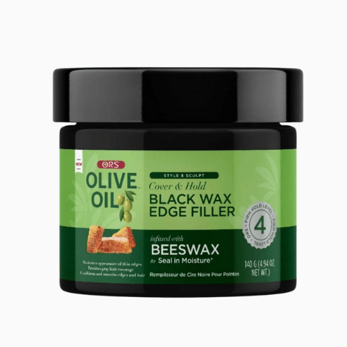 Green jar of olive oil black wax edge filler with black lid on a white background
