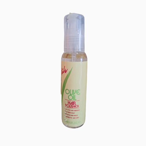 Bottle of olive oil hair polisher on a white background