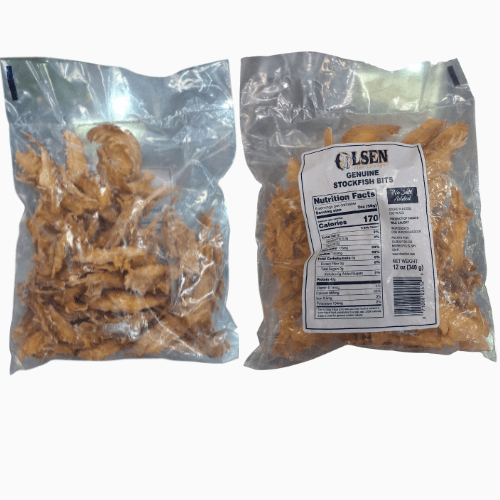 Two packages of Olsen Genuine Stockfish Bits with a nutrition label on one package.