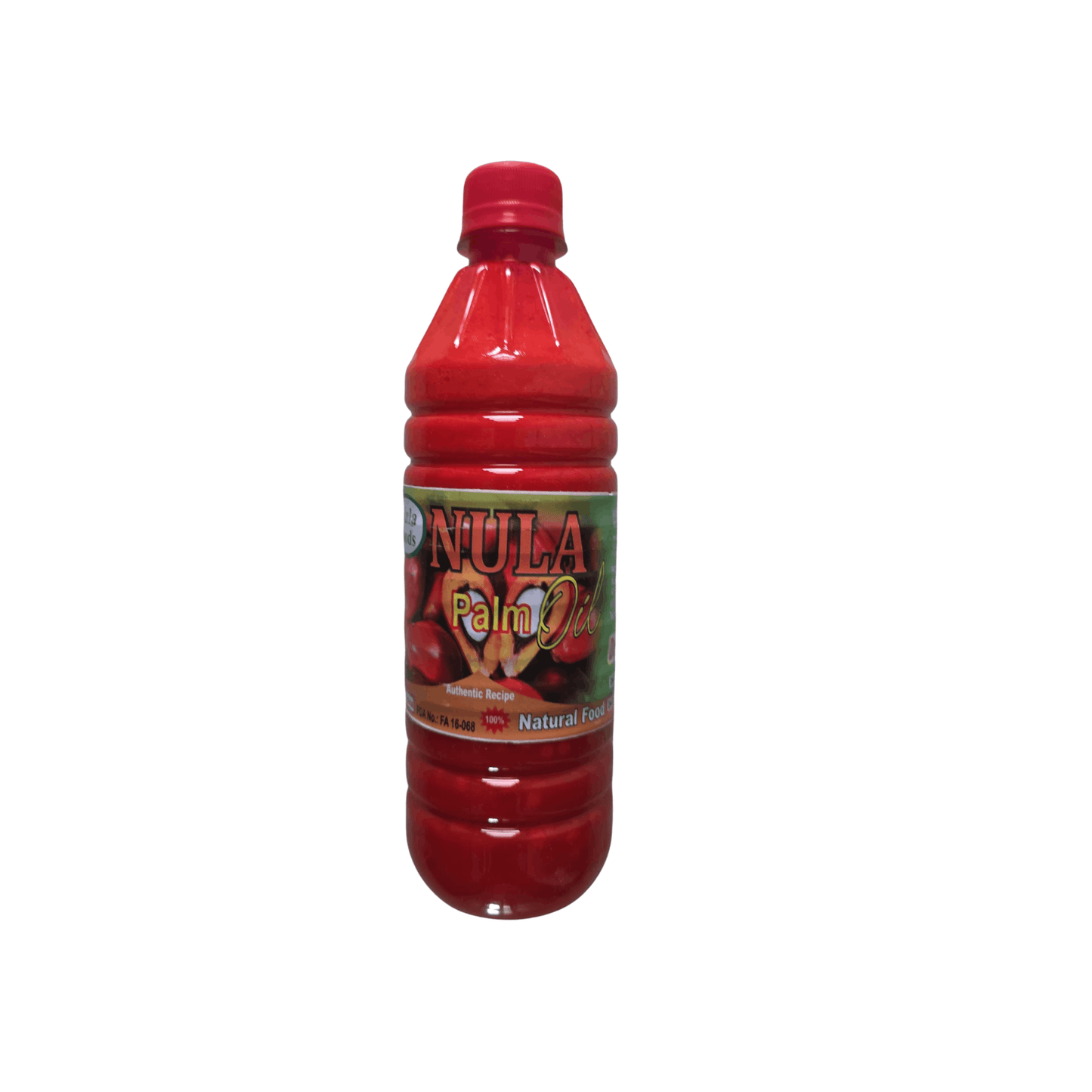 Red bottle of Nula Palm Oil on a white background