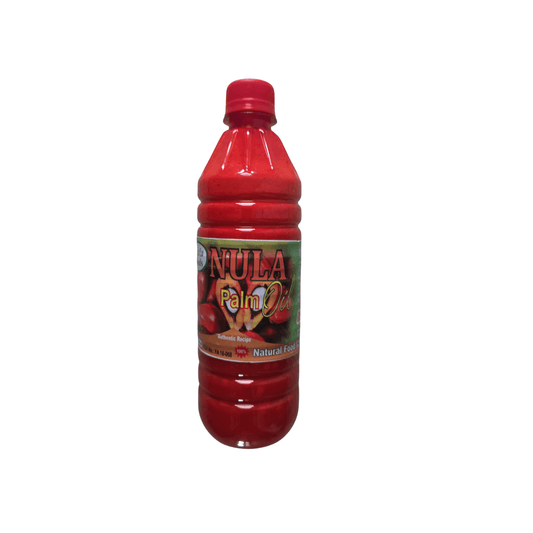 Red bottle of Nula Palm Oil on a white background