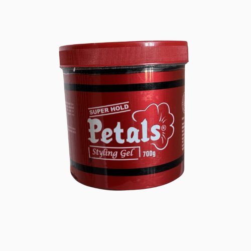 Red jar of Petals Super Hold Styling Gel on a white background