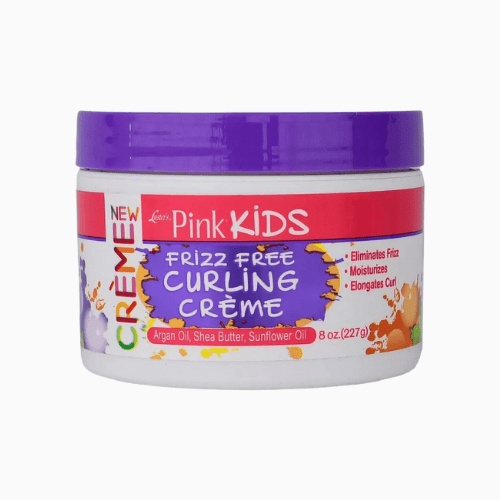 Pink Kids Frizz Free Curling Creme jar with purple lid on a white background