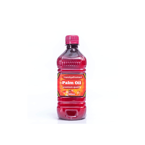 Bottle of palm oil with a pink cap on a white background