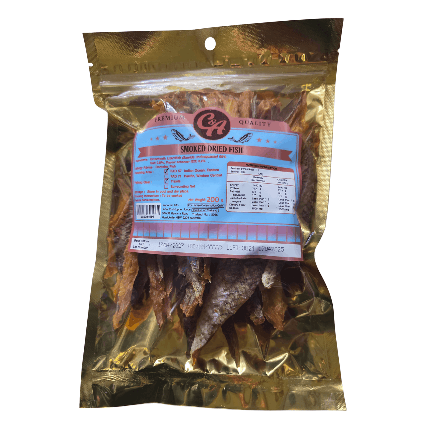 Packaged smoked dried fish with a label on a white background