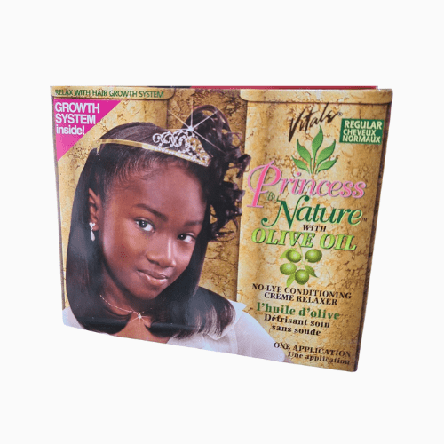 Product packaging for 'Princess of Nature with Olive Oil' hair care system featuring a young girl with braids.