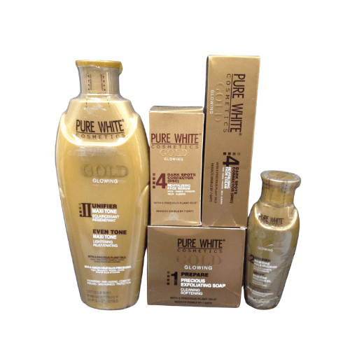 Pure White Cosmetics skincare products including bottles and boxes on a white background