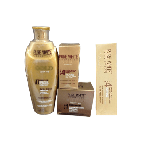 Set of Pure White Cosmetics products including a bottle and boxes on a white background