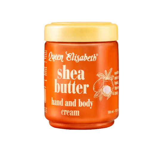 Jar of Queen Elisabeth shea butter hand and body cream on a white background