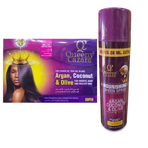 Queeny Cazara hair care product packaging and spray bottle on a white background