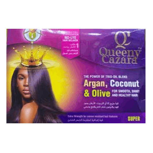 Box of Queeny Cazzara hair product with a woman's face on a purple background