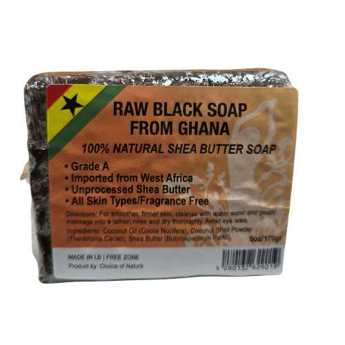 Raw black soap from Ghana packaging with text and a flag on a white background
