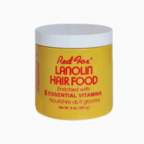 Yellow jar of Red Fox Lanolin Hair Food with red text on a white background