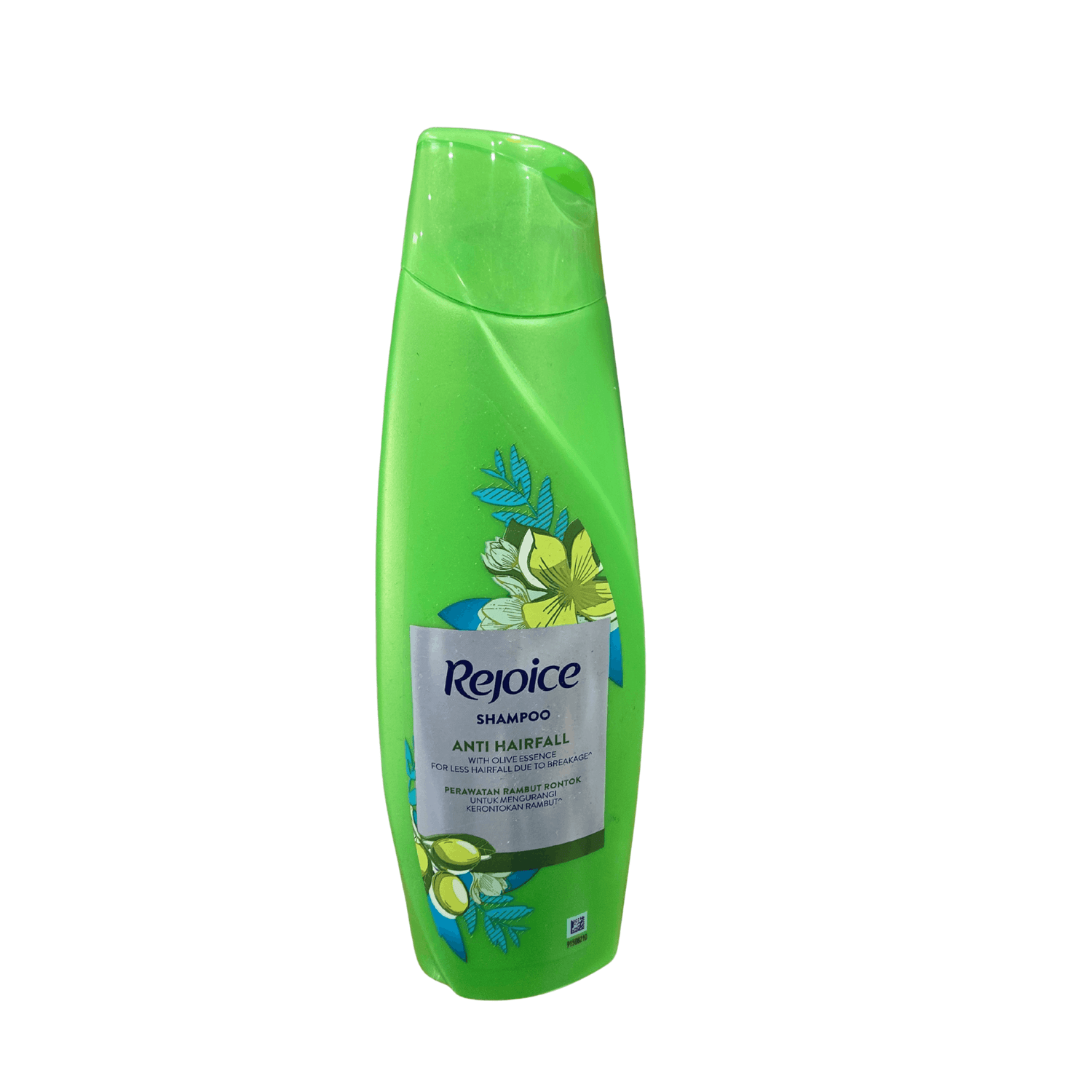 Green shampoo bottle with 'Rejoice' branding on a white background