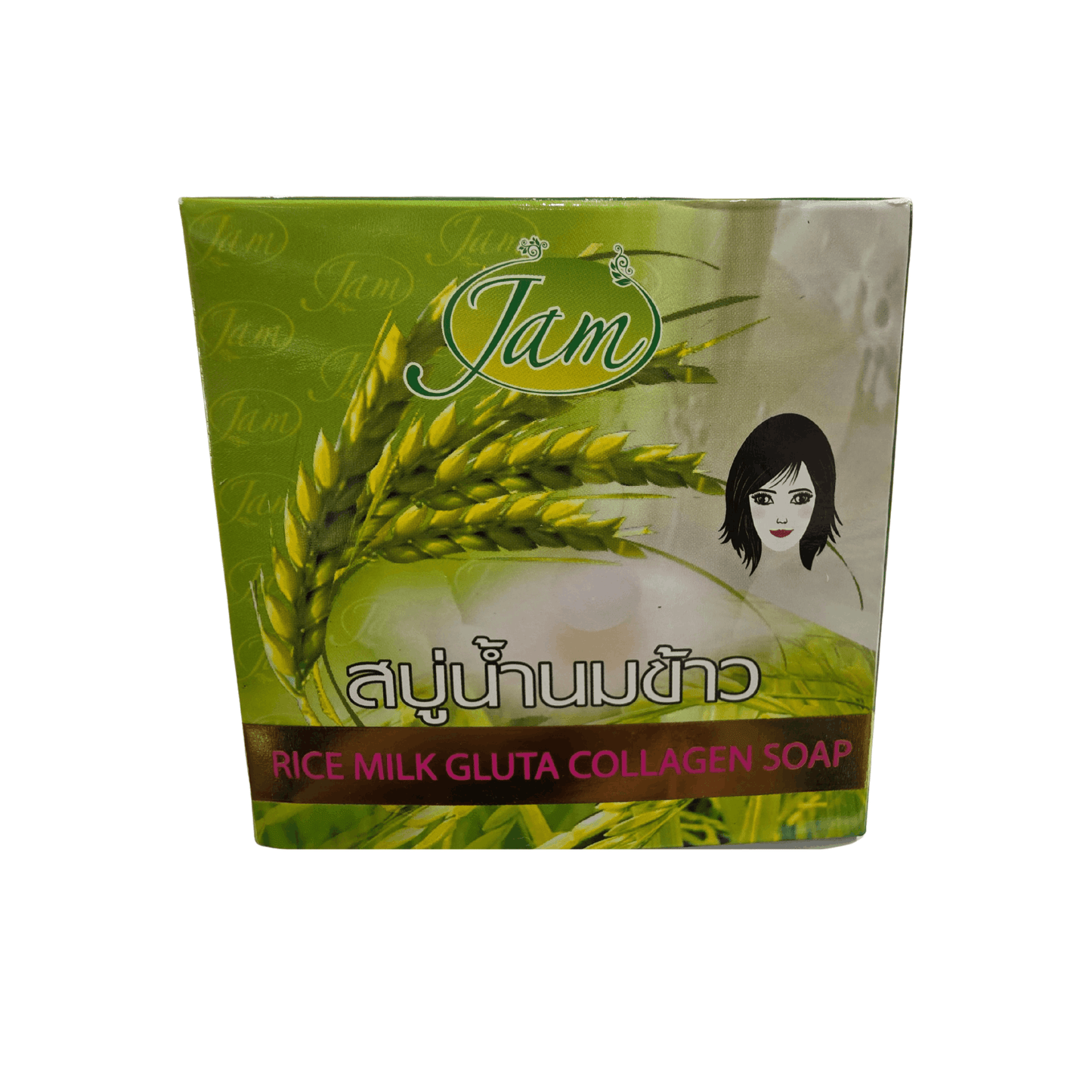 Soap package with 'Jam' branding featuring rice and a woman's face on a white background
