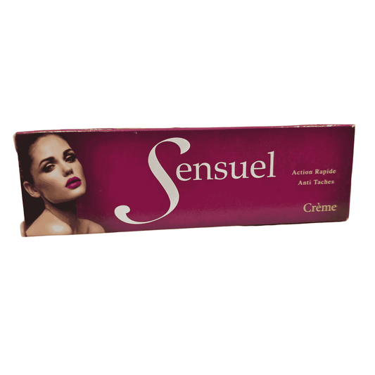 A box of Sensuel Crème anti-odor anti-tache cream, featuring a deep magenta cover with a portrait of a woman on the left and white text.