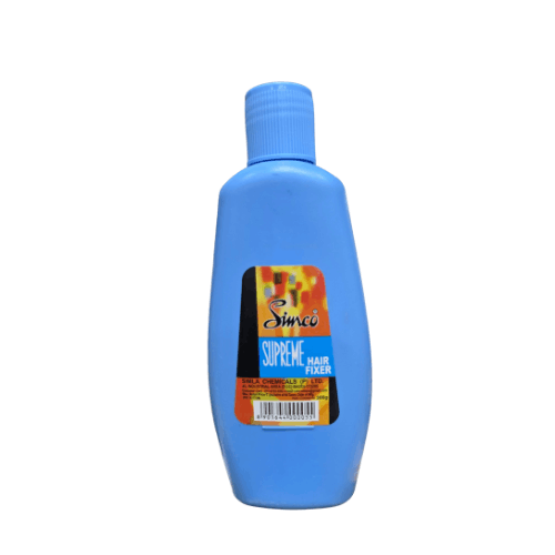 Blue bottle of Simco Supreme hair gel on a white background