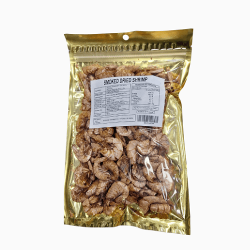 Packaged smoked dried shrimp with a label on a white background