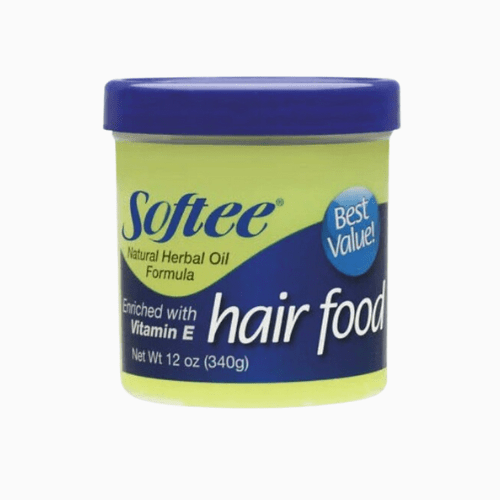Jar of Softee hair food with blue and green label on a white background