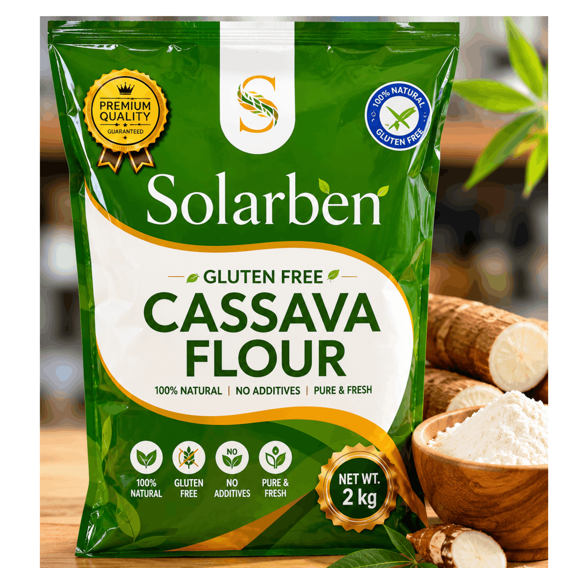 Packaging of Solarben gluten-free cassava flour with branding and product details.