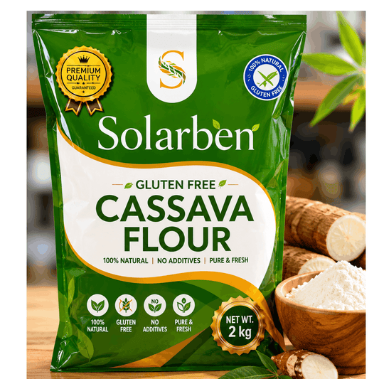 Packaging of Solarben gluten-free cassava flour with branding and product details.